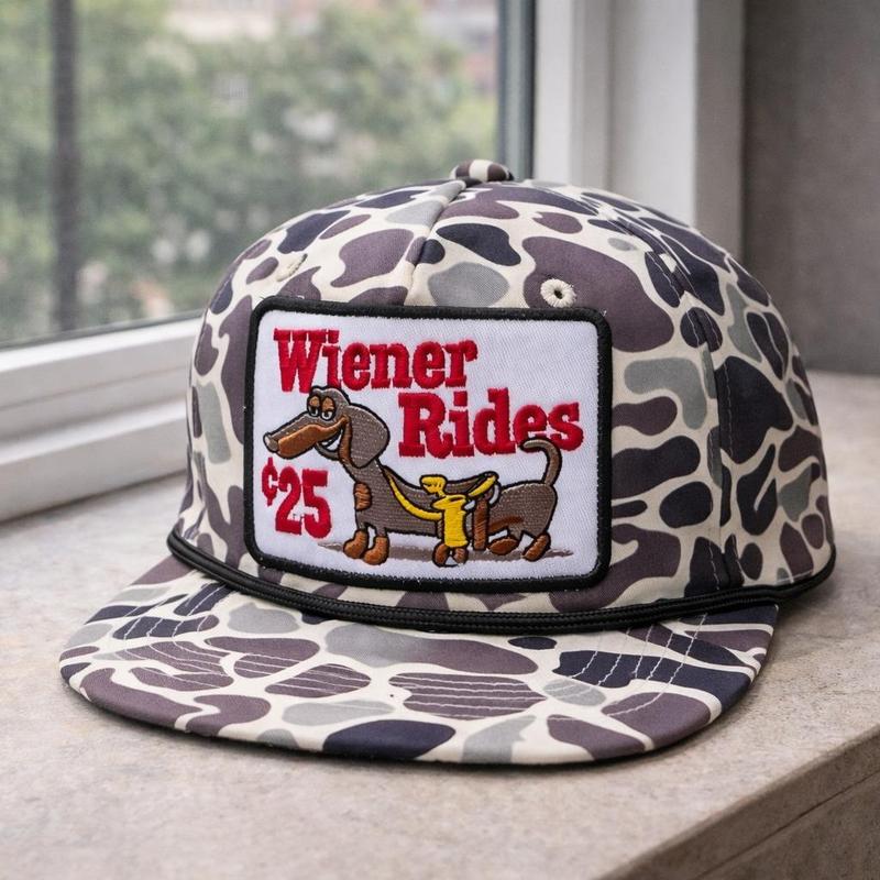 Wiener Rides Dachshund Dog Embroidered Patch Camo Hat, Rope Brim Camouflage Pattern Snapback, Ideal Snapback For Him