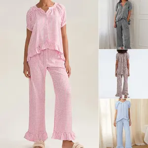 Women's Pajama Set, Short Sleeve Plaid Print Button Up Shirt & Ruffle Pants Set Sleepwear Loungewear, Ladies Set for Indoor Outdoor Wear, Ladies Clothes for Daily Wear, Casual Set