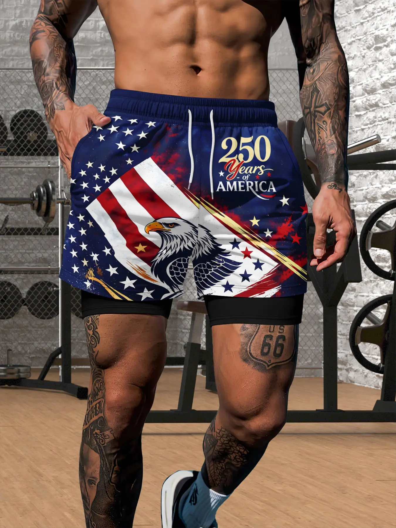 Men's Two-In-One Right Angle Gym Shorts, Usa Flag Eagle Print Lined Fitness Shorts, Drawstring Waist Running Training Daily Wear, Performance Training Shorts, Graphic Fitness Shorts, Graphic Athletic Shorts