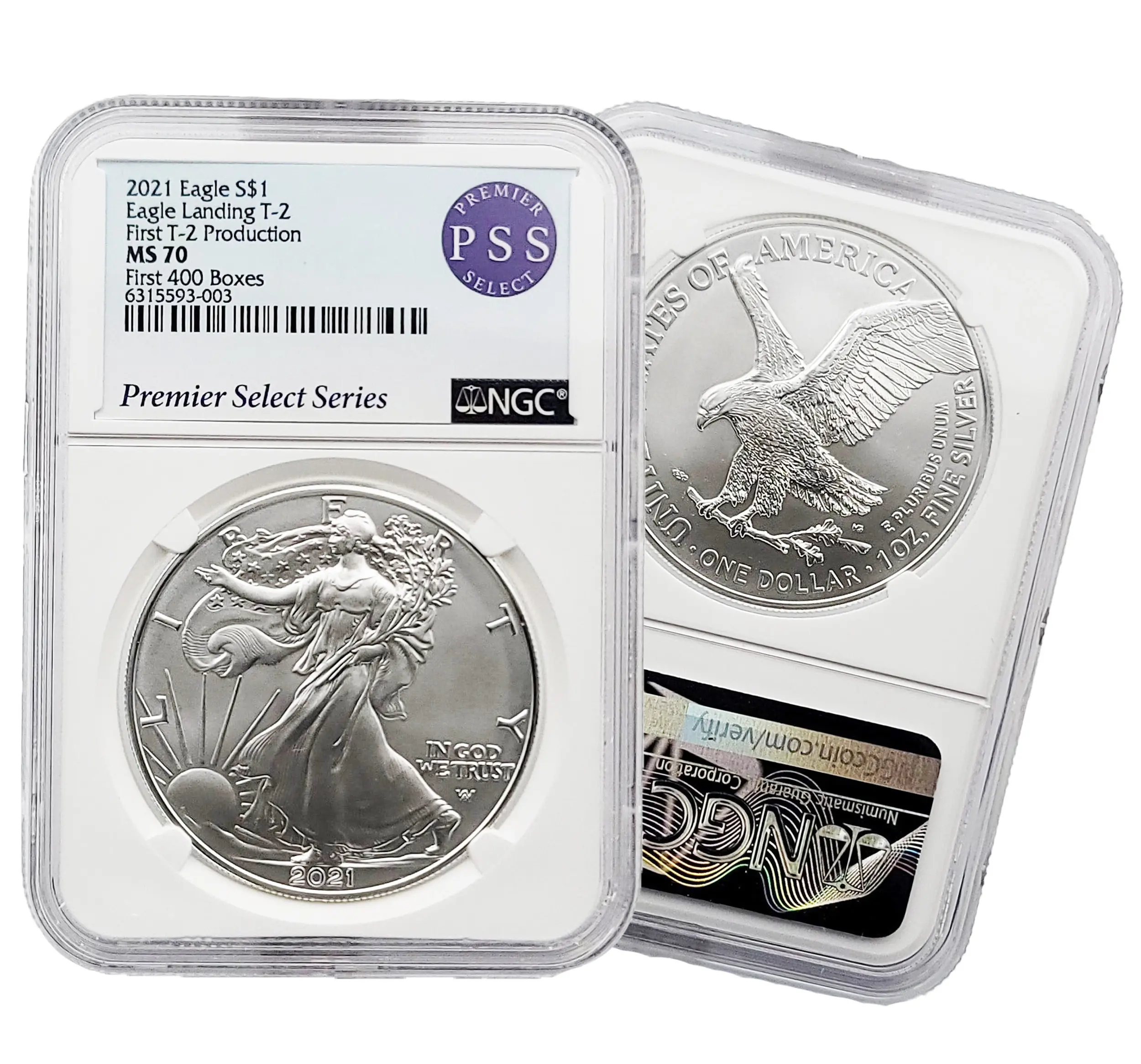2021 Type 2 Silver Eagle Bullion Historic Coin - First 400 Boxes, MS 70, NGC Graded MS70, PSS Certified Collectible Coin