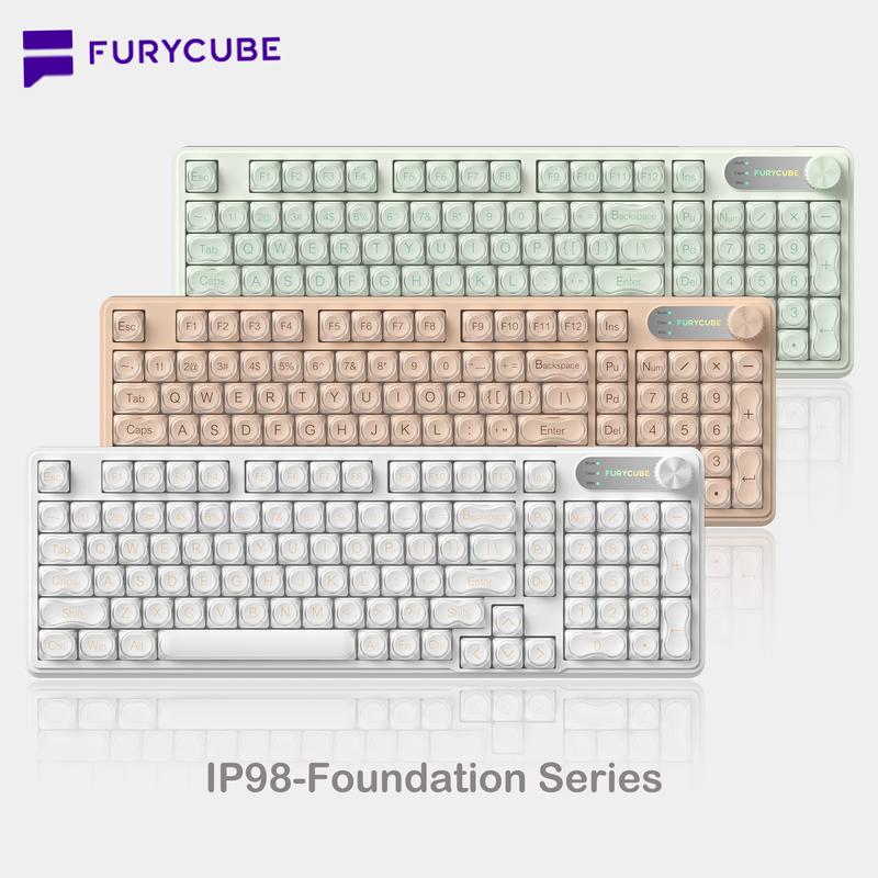 FURYCUBE IP98 Foudation Keyboard, 98 keys with Knob Transparent Keycaps Tri-Mode BT/2.4GHz/USB-C Cute Classic Keyboard with Number Pad, Media Knob Custom Mechanical Feel Keyboard, RGB Backlit Work/Office/Gaming Silent Keyboard, Budget Gift