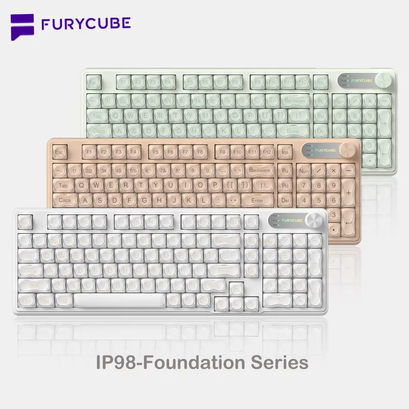 FURYCUBE IP98 Foudation Keyboard, 98 keys with Knob Transparent Keycaps Tri-Mode BT/2.4GHz/USB-C Cute Classic Keyboard with Number Pad, Media Knob Custom Mechanical Feel Keyboard, RGB Backlit Work/Office/Gaming Silent Keyboard, Budget Gift