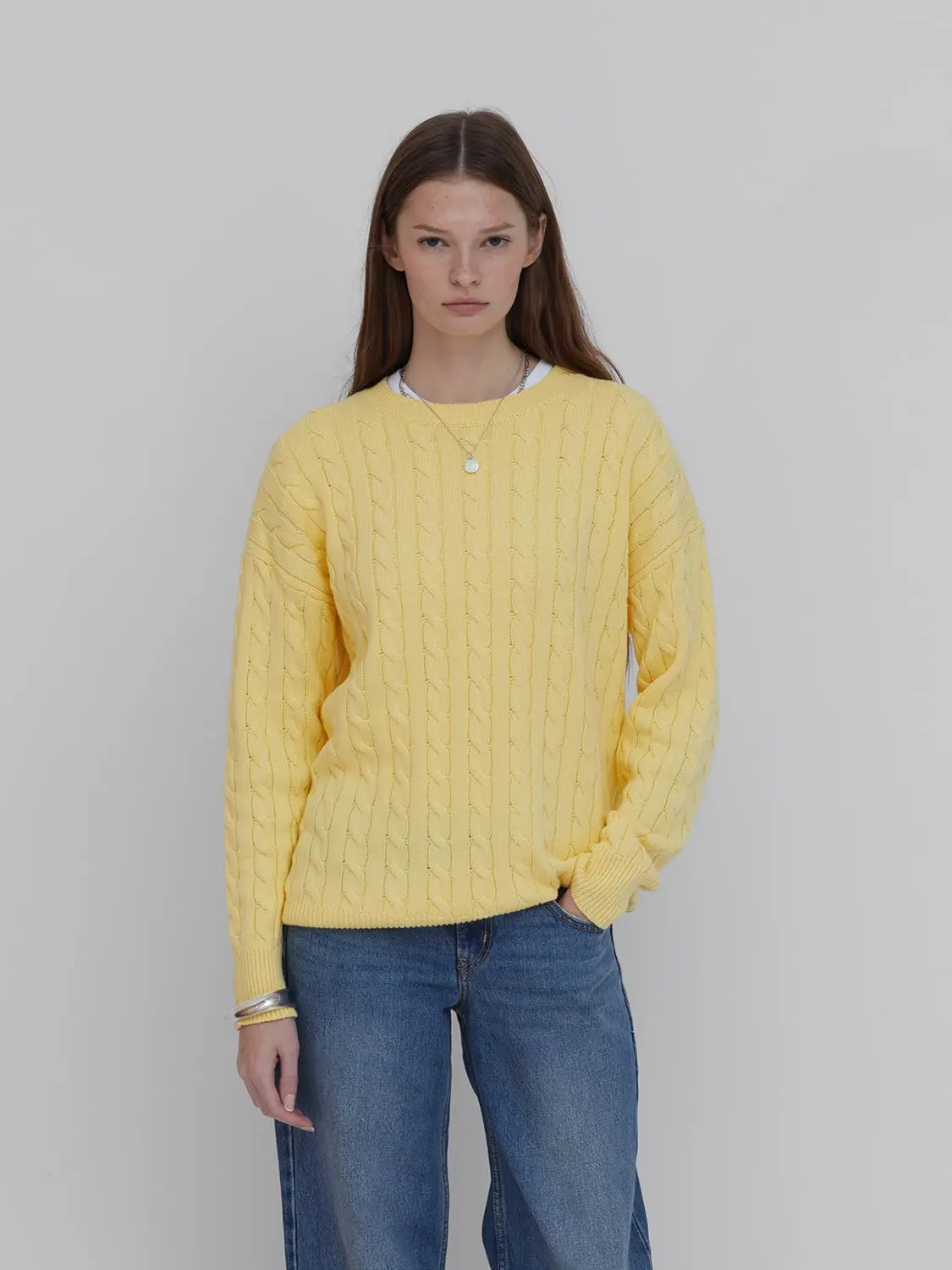 Classic Cotton Cable Knit Sweater in Butter Yellow
