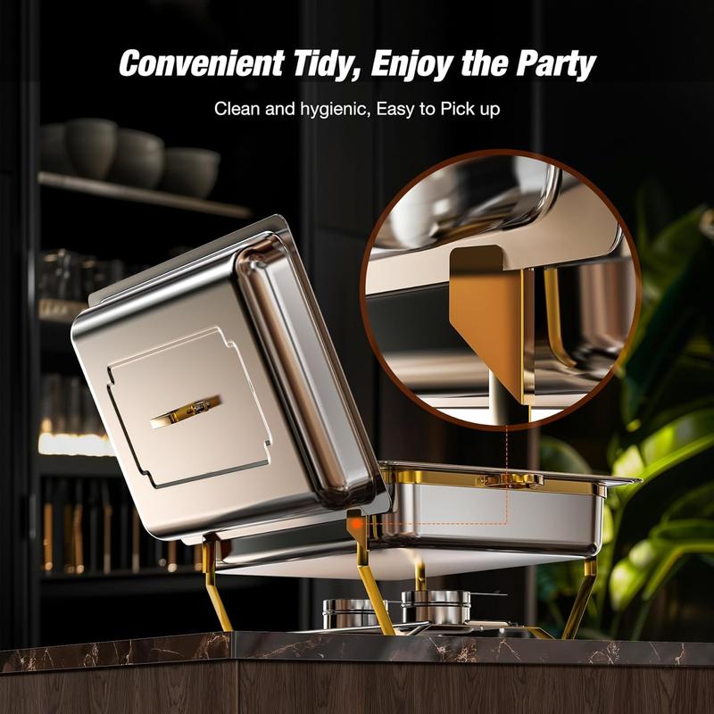 Gold Chafing Dishes for Buffet 9QT 2 Pack/4 Pack, [Easily Assemble] 430 Stainless Steel Chafing Dish Buffet Set w/Foldable Frame, [No Finger Cut] Chafer for Catering