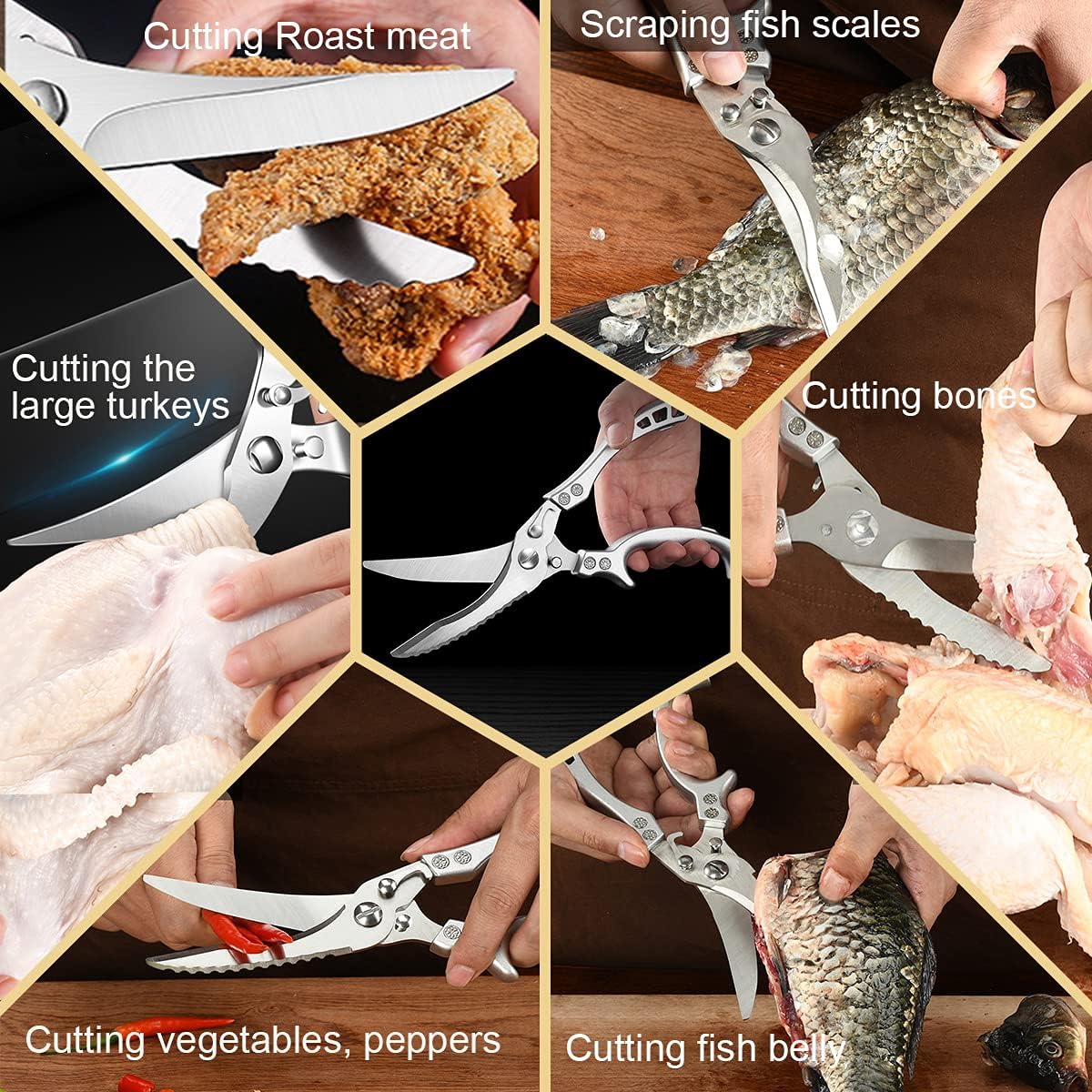 Heavy Duty Professional Poultry Shears, Spring-Loaded Stainless Steel Chef Scissors with Sheath Multipurpose Kitchen Gadget Cutting Bone, Chicken, Fish, Food, Meat.
