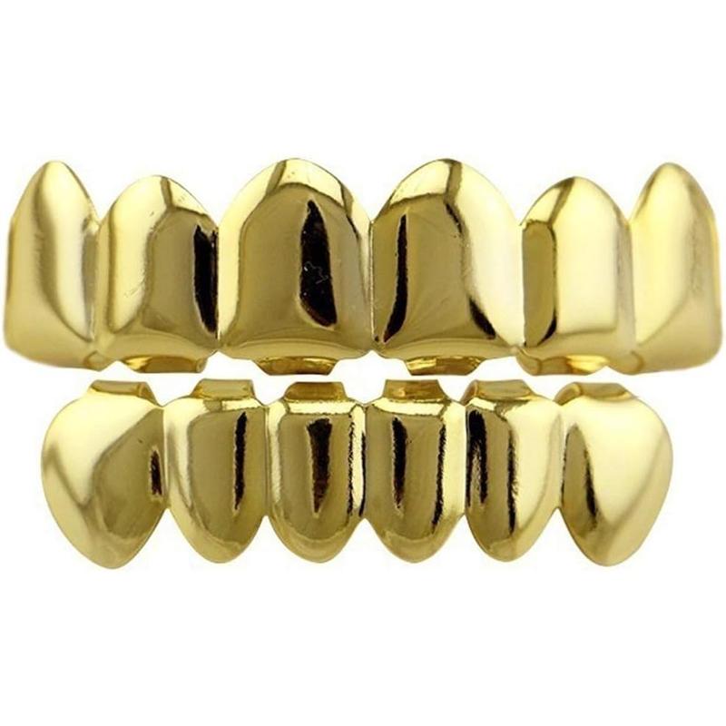 Gifts for Men 24K Gold Plated Hip Hop Teeth Grillz Punk Custom Fit Teeth Grillz Caps Top & Bottom Grill Set Removable Hip Hop Mouth Grills For Women Men Gift Halloween Party Photo Fancy Dress Accessories