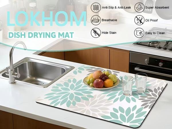 Dish Drying Mat, 12" x 20" Super Absorbent & Cuttable Dish Mat Drying Kitchen Mat with Teal Floral, Hide Stain Drying Mat for Kitchen Counter