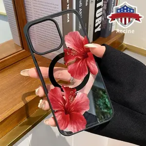 Hibiscus Eternal Growth Pattern Magnetic Phone Case Supports Wireless Charging for iPhone 17 15 16 14 Pro Max 13 12 11 XR XS  Air Plus Shockproof Non Slip Protection Silicone Transparent Acrylic Cover Cellphone Protective Military-Grade Camera