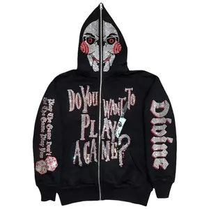 European and American popular Gothic hip-hop rhinestone letter hooded cardigan, loose fit, unisex trendy brand sweatshirt jacket, women's top, sweatshirt, zip-up hoodie, pullover hoodie
