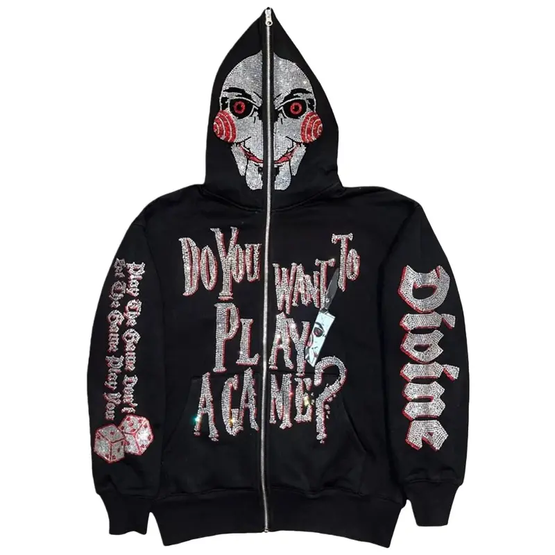 European and American popular Gothic hip-hop rhinestone letter hooded cardigan, loose fit, unisex trendy brand sweatshirt jacket, women's top, sweatshirt, zip-up hoodie, pullover hoodie