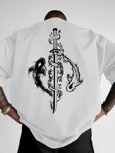 Men's Samurai Dragon & Katana Sword Graphic T-Shirt - Loose Fit Streetwear Summer Tee, Breathable Round Neck Casual Top with Asian-Inspired Print, Machine Washable Shirt for & Casual Attire
