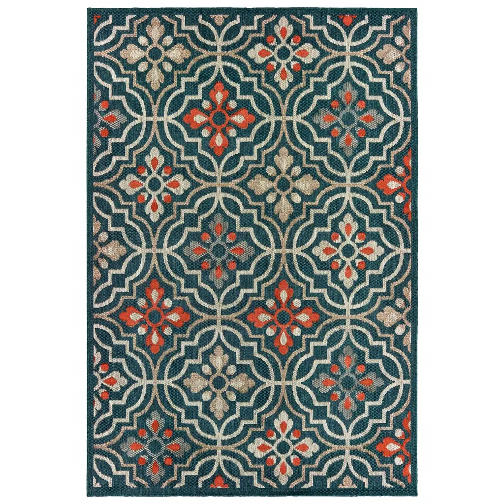 HomeRoots 388362 6 x 9 ft. Floral Lattice Indoor Outdoor Area Rug, Blue & Orange