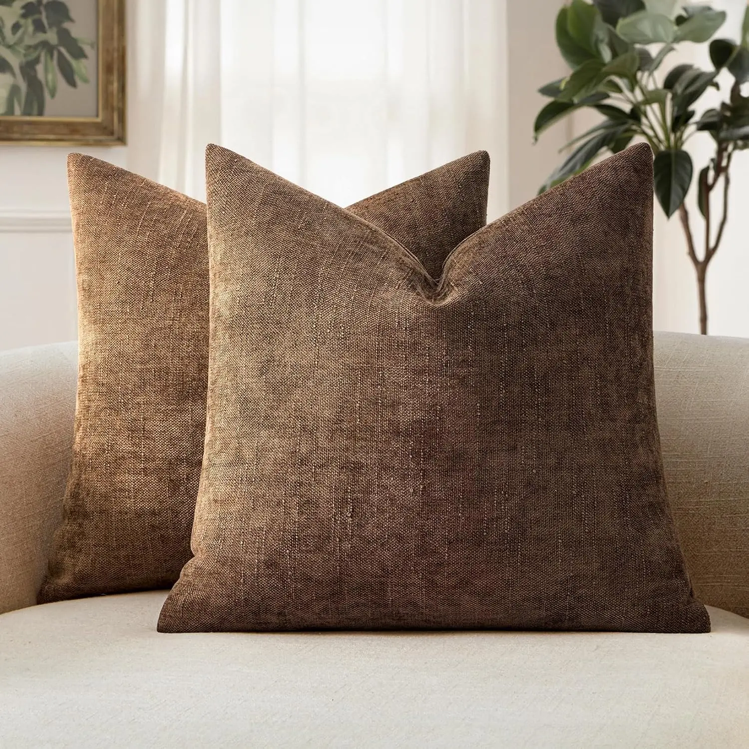 2-Pcs Decorative Soft Chenille Throw Pillow Covers, Solid Neutral Farmhouse Textured Cushion Covers for Couch, Sofa, Bedroom and Living Room