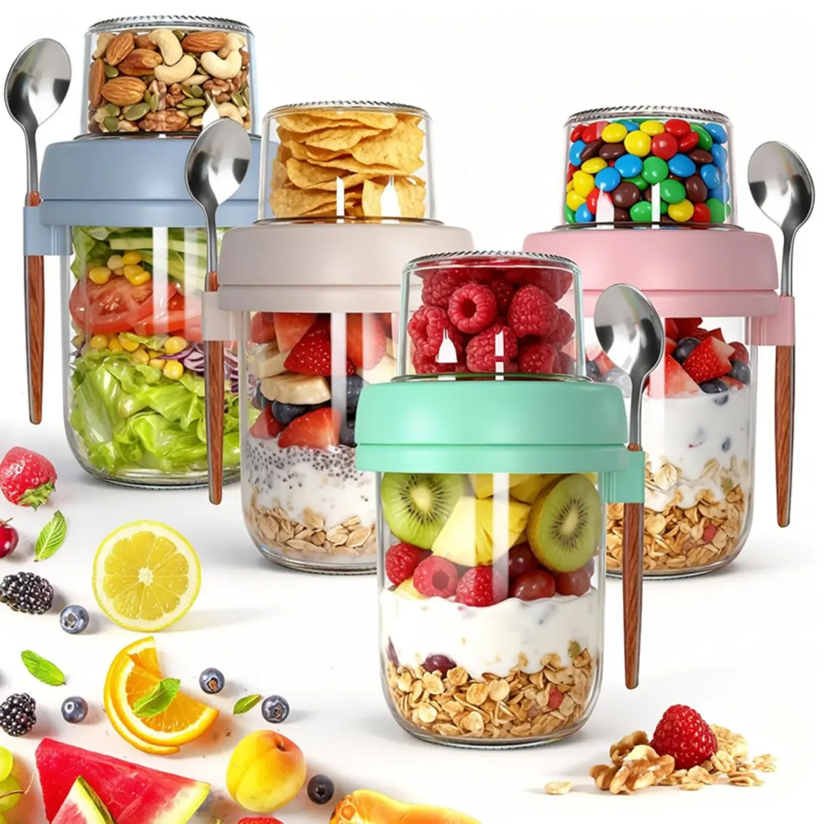 4 Pack Overnight Oats Glass Jars with Lids, 16oz Main Cup + 4oz Topping Container, Dual Layer Breakfast Yogurt Cups, Dry Wet Separated Oatmeal Cups for Chia Pudding, Fruit, Nuts, Salad and Meal Prep, Random Color, Food Storage Snack Containers