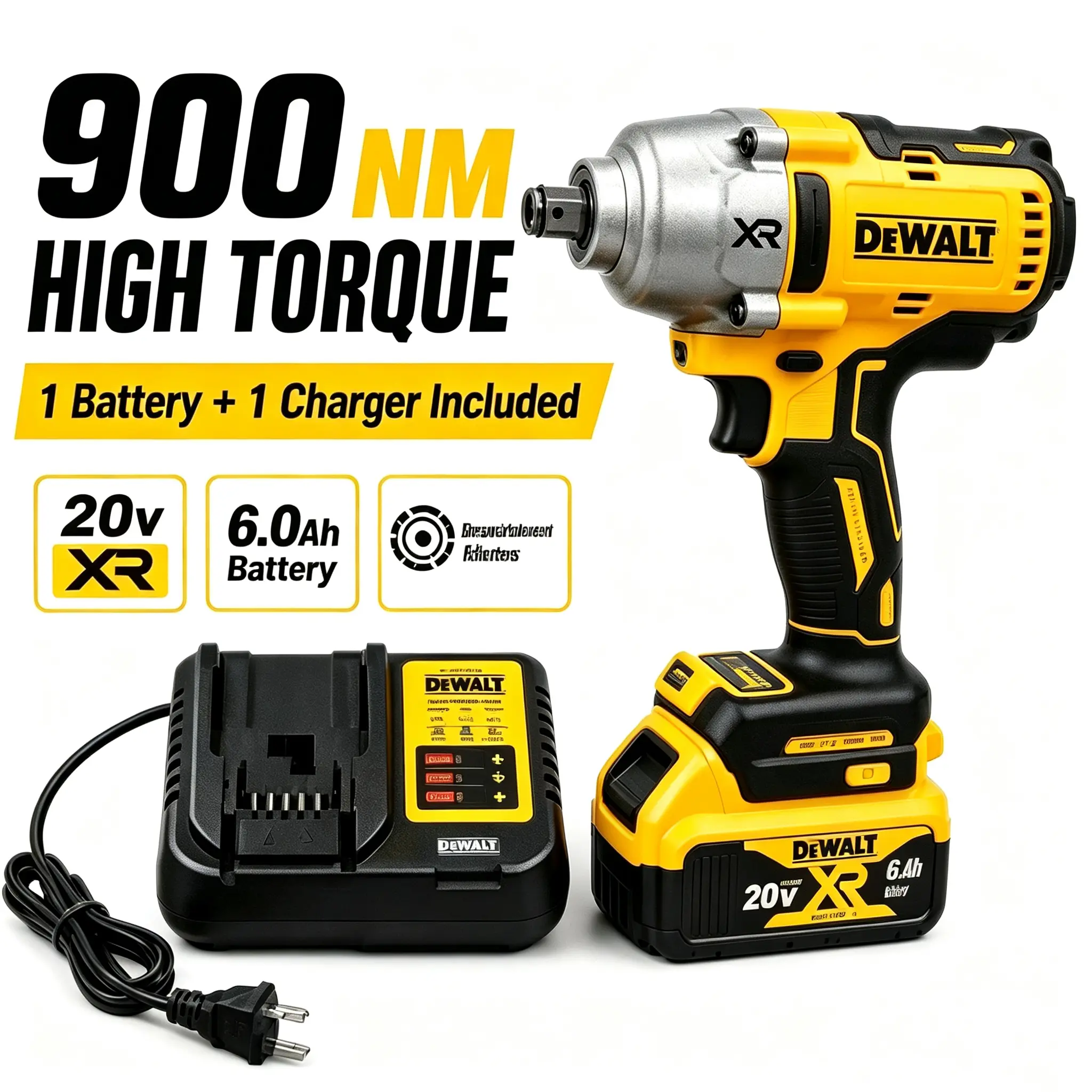 DeWalt DCF900 20V High Torque Cordless Brushless Motor Electric Impact Wrench - Heavy-Duty Durable Power Tool, Variable Speed Trigger, Professional-Use Cordless Set