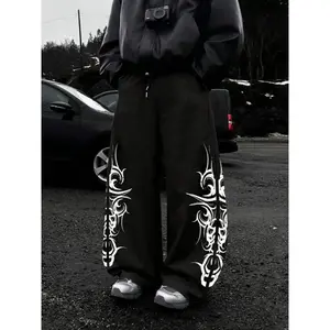 TikTok Trending! Black Drawstring Sweatpants with Edgy White Totem - style Prints, Ideal for Streetwear and Casual Urban Looks