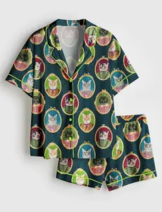 Women’s Colorful Cat Cameos Short Sleeve Satin Pajama Set