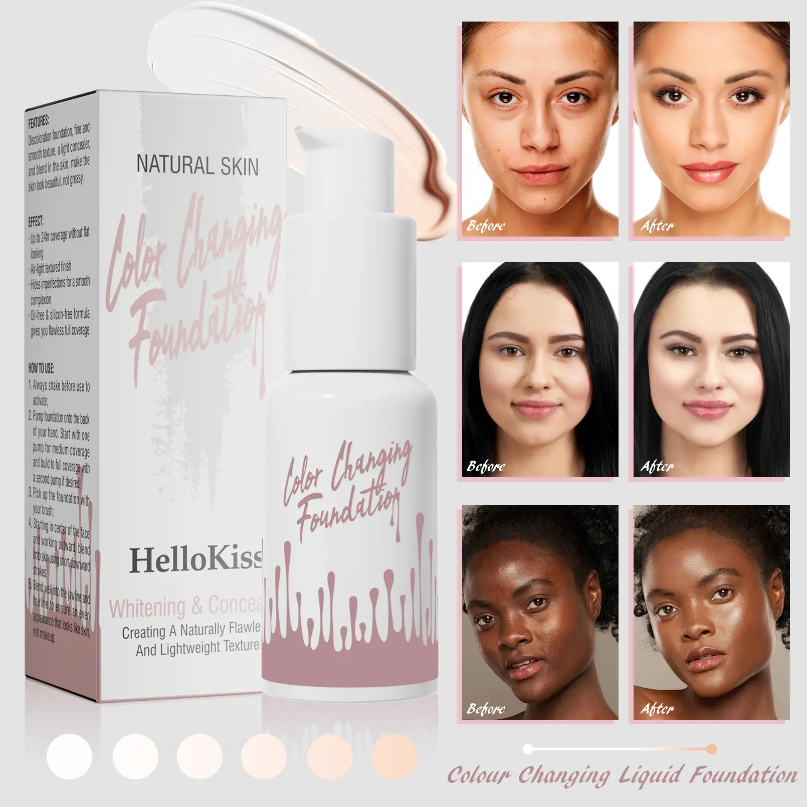 HelloKiss Foundation Liquid Temperature Change Skin Tone Foundation Cream Brightening Portable Long-lasting Concealer Liquid Cross-border Makeup