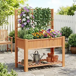 Spaco Wooden Raised Garden Bed with Trellis and Legs - Wooden Construction Elevated Planter Box for Patio Vegetables, Herbs and Climbing Plants