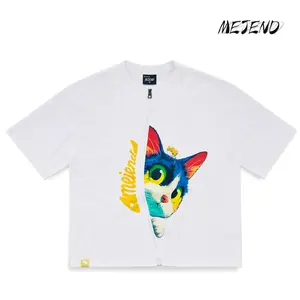 MeJend Zipper Short Sleeve T-Shirt, Creative Graphic Print, Novelty Tee, 12oz Heavyweight Cotton, Couple Outfit, Summer Layering, Cat Graphic Unisex
