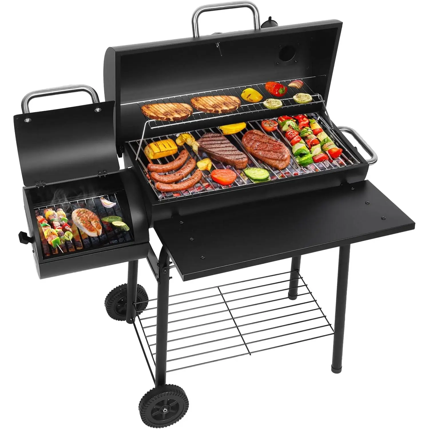 Charcoal Grills with Offest Smokers: Spacious Barrel Charcoal BBQ Grill| Barbecue Smoker Grill Combo for Outdoor Backyard Patio Camping Picnic and Party