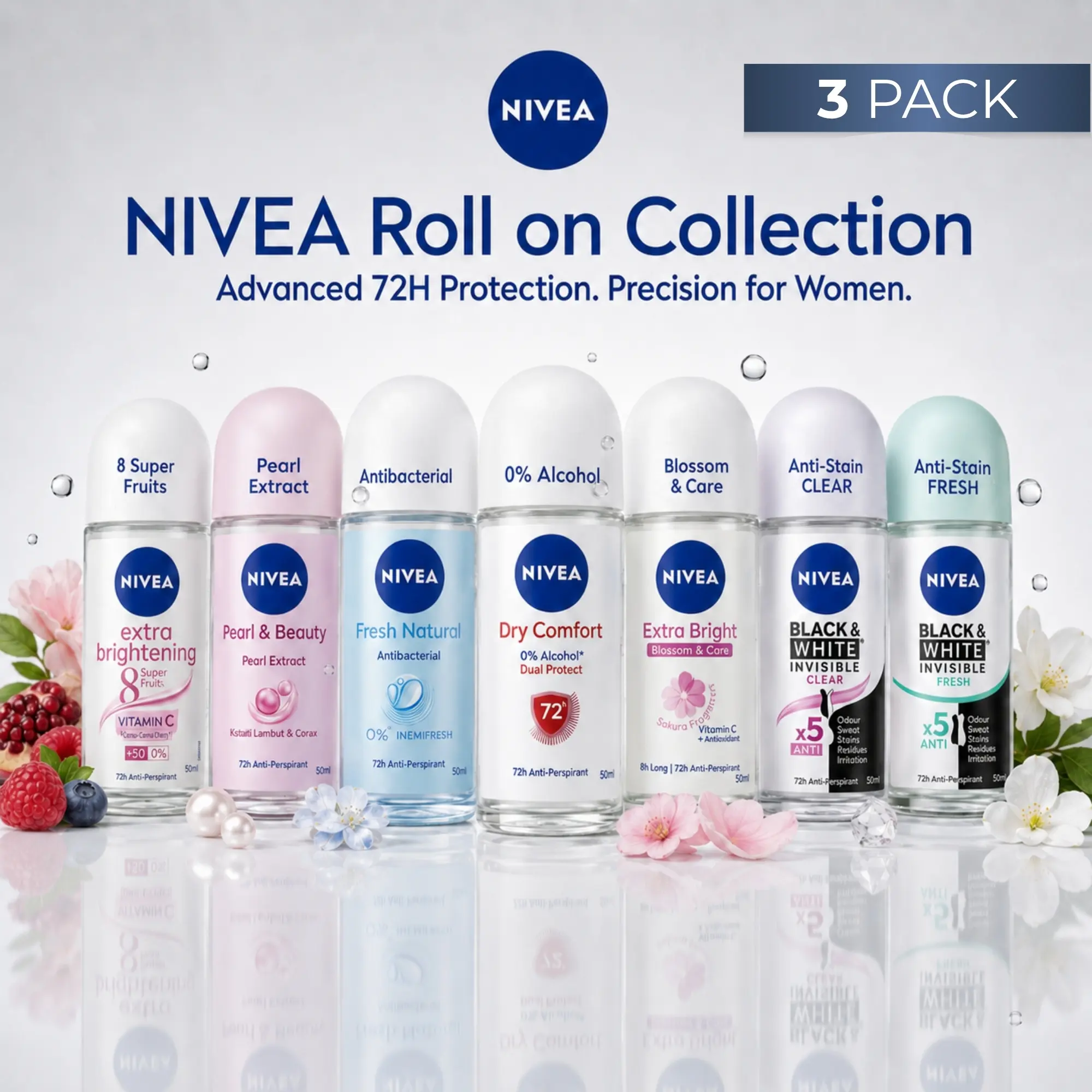 NIVEA Women's Roll-On Antiperspirant, 3-Pack Body Care Set with Extra Brightening & Smooth Formula, Assorted Floral Scents Inspired by Fresh Flowers, 50mL, Pearl, Scented, Fragrance, Deodorant For Women, Cosmetic, Female, Office, Liquid, Multi-Pack, Body
