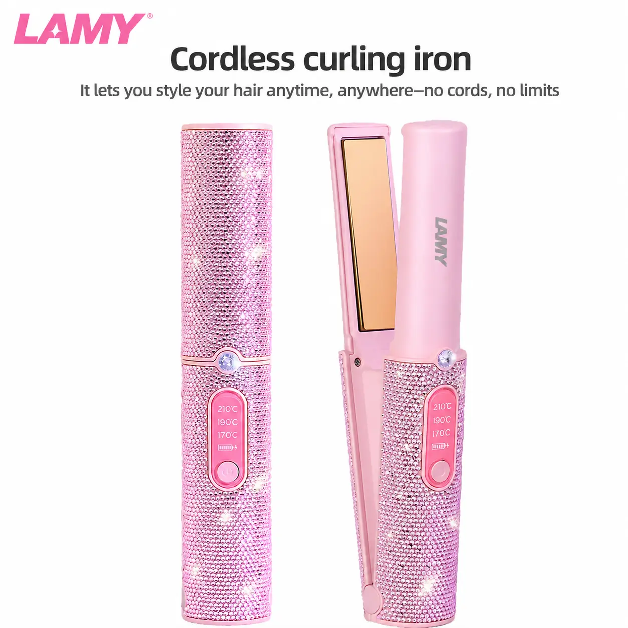 LAMY Cordless Hair Straightener 2 in 1, Portable Flat Iron & Curling Iron, Mini Travel Hair Straightener with 5000mAh Battery, Heats to 480°F in 30s, Diamond Design, Festival-Ready Merch, Perfect for Women, Birthday Gift for Girls.