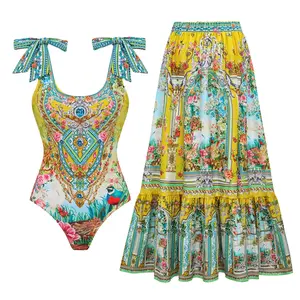 FLAXMAKER Women's Bowknot Shoulder Printed One Piece Swimsuit and Matching Cover Skirt Set Swimdress Stylish Beachwear Bathing Suit SpringStatements Swimoutfit