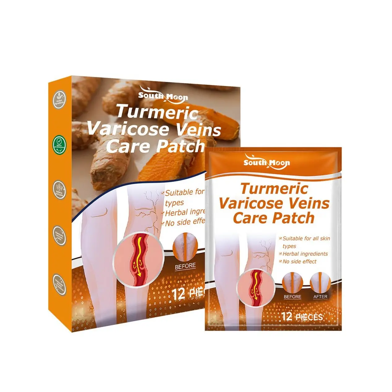 South Moon Turmeric Herbal Varicose Veins Care Patch with Cold Compress Treatment - Leg Pain Relief, Blood Clot & Swelling Support - Herbal Ingredients Wellness Box (Beauty & Personal Care Heat Patch)