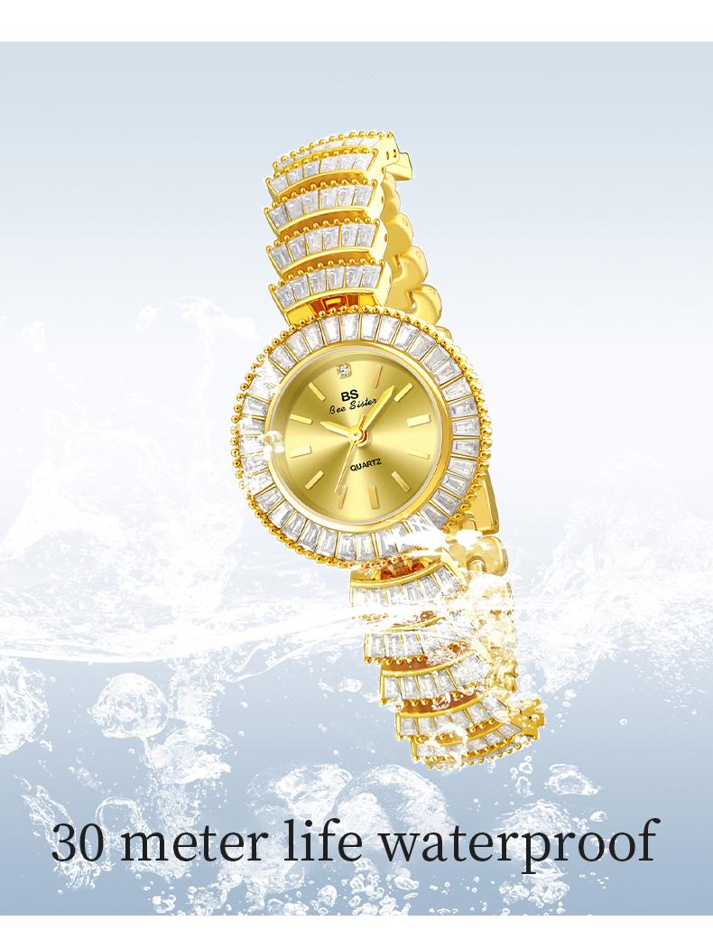 Gold Jewelry Bracelet Watch for Women Luxury Round Dial Full Crystal Design 30M Waterproof Stainless Steel Elegant Wristwatch Fashion Jewelry Gift for Her Sparkling Ladies Watch Trendy Golden Accessories Casual Dress Style