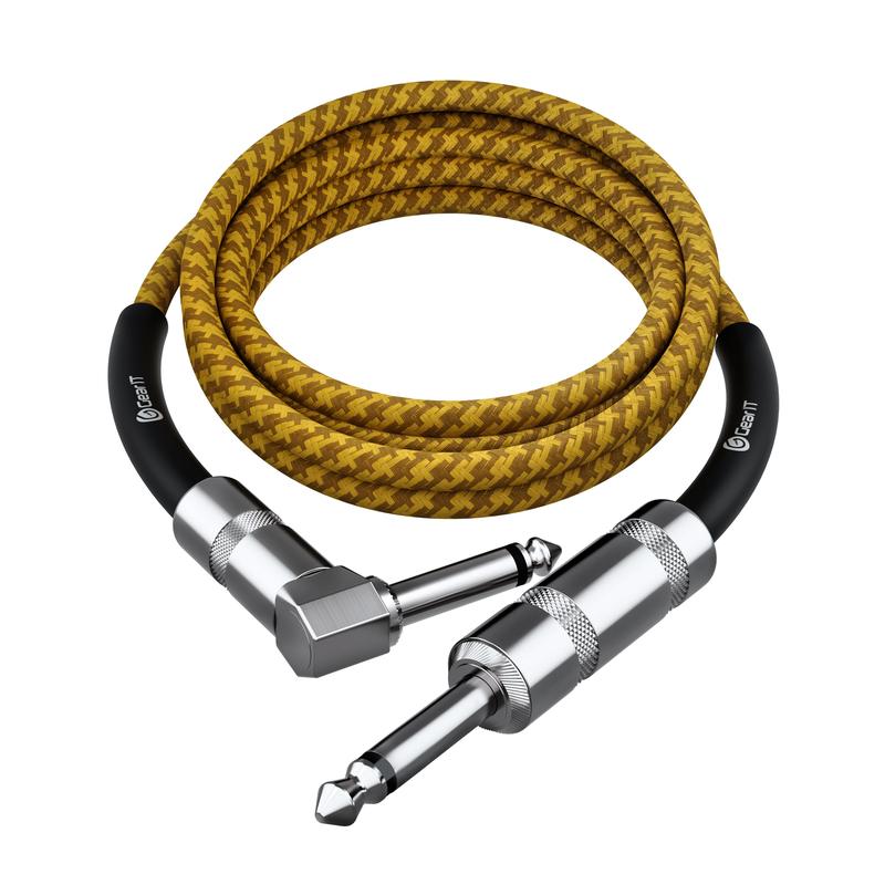 Right Angle to Straight 1/4 Inch Male to Male Guitar Instrument Cable, Yellow