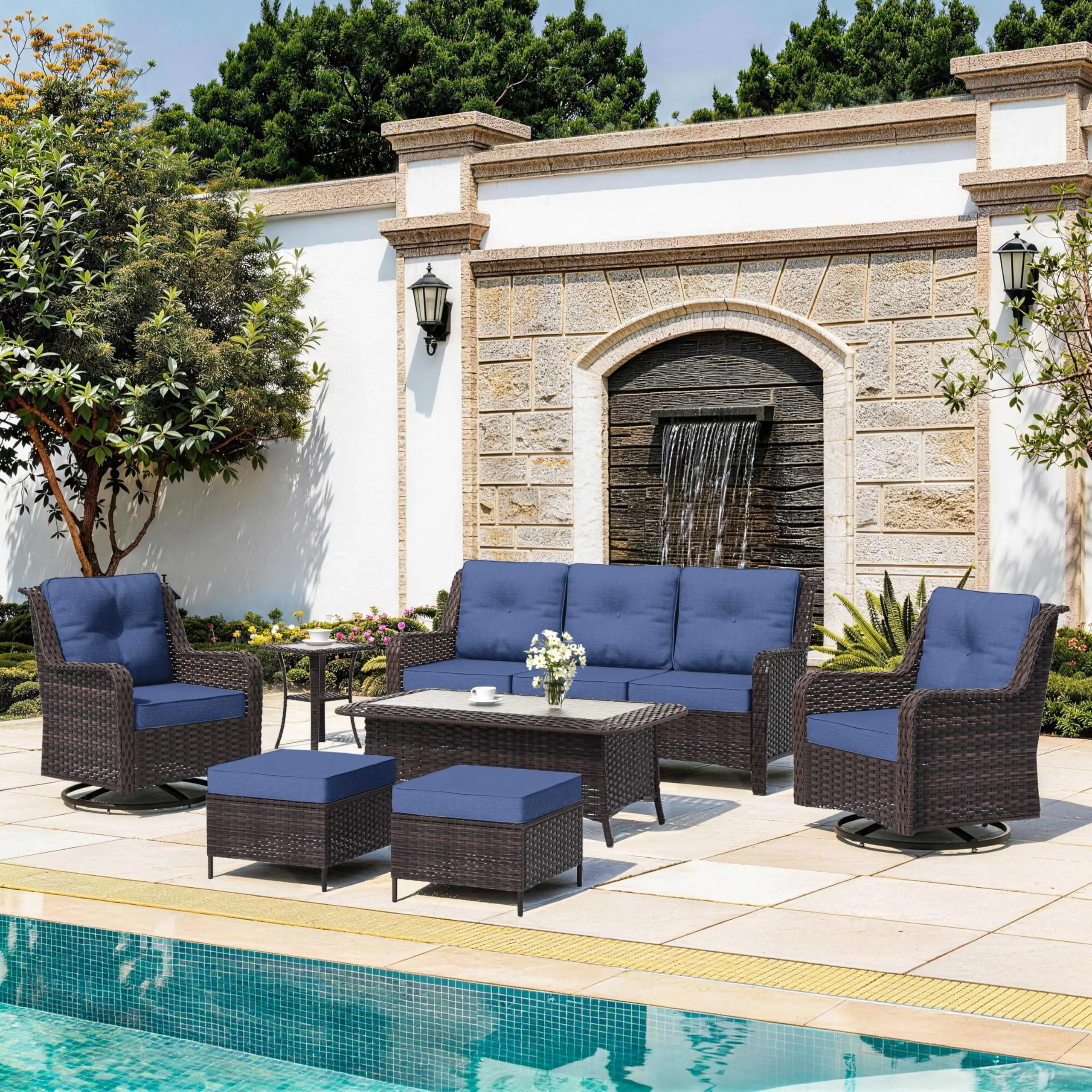 7-Piece Patio Furniture Set, Outdoor Thick Wicker Sectional Sofas with 2 Swivel Chairs, High Back Sectional Sofa Couch, Outdoor Conversation Set for Backyard, Porch, Deck,
