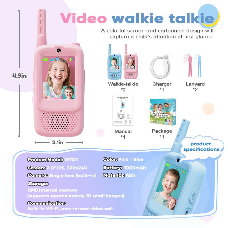 Careenoah Video Walkie Talkies for Kids 2 Pack with Voice Changer 1000 Feet Range Fun Toys for Indoor Play Camping Hiking Travel Birthday for Boys Girls Ages 3-10 Safe Communication Cartoon Character Design