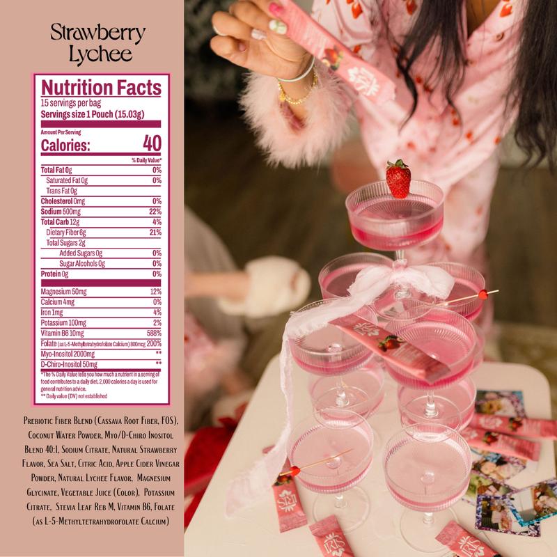 IRIS Strawberry Lychee Hormone Health Electrolyte Drink Mix 15 On-The-Go Sticks Variety Pack for PCOS Support Ovarian Function with 40:1 Myo D-Chiro Inositol Magnesium Prebiotic Fiber