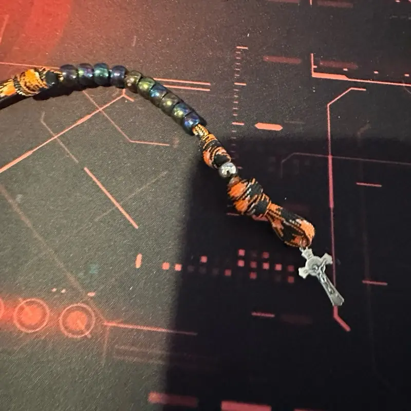 Paracord Single Decade pocket rosary blessed orange camo and iridescent black