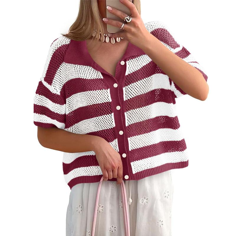 Cicy Bell Womens Summer Striped Crochet Cardigan Sweater Half Sleeve Button up Tops Loose Fit Cover Up