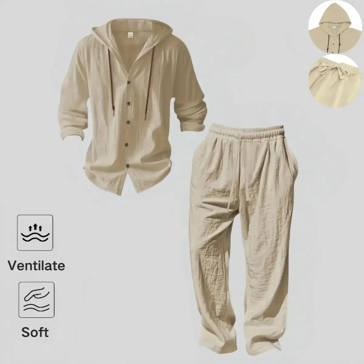 Set Men's lightweight Trendy Hooded，Made From Soft Linen，Casual Vacation Style, Loose Fit Breathable Fabric,Long Hoodie & Wide-Leg Pants, Summer Wear outdoorfun Sweatshirt Clothes Fashion Trouser