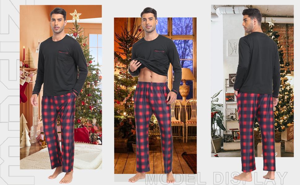 MoFiz Men's Pajamas Plaid Sets Sleepwear Long Sleeve Shirts and Pants Lightweight Soft Mens Pjs Lounge Set with Pockets