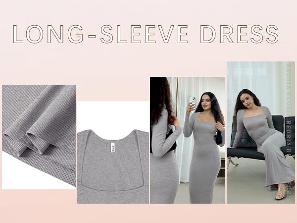 REORIA Women's Chic Black Square Neck Long Sleeve Bodycon Maxi Dress Autumn Casual Ribbed Soft Lounge Dresses Women's Wear Elegant Machine Washable Basic Minimalist Style