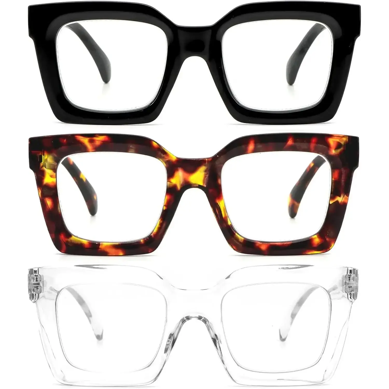 3 Pack Thick Frame Oversized Reading Glasses for Women Blue Light Blocking Computer stylish Readers with Spring Hinge