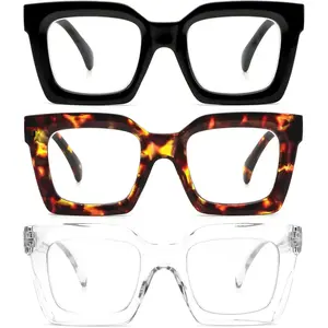 3 Pack Thick Frame Oversized Reading Glasses for Women Blue Light Blocking Computer stylish Readers with Spring Hinge