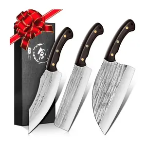TIJERAS Butcher Knife Set, 3PCS Hand Forged Chef Knife Set, Chef Knife & Meat Cleaver Knife & Nakiri Knife, BBQ Knife Set for Meat Cutting, Men Camping Knife Set for Cooking