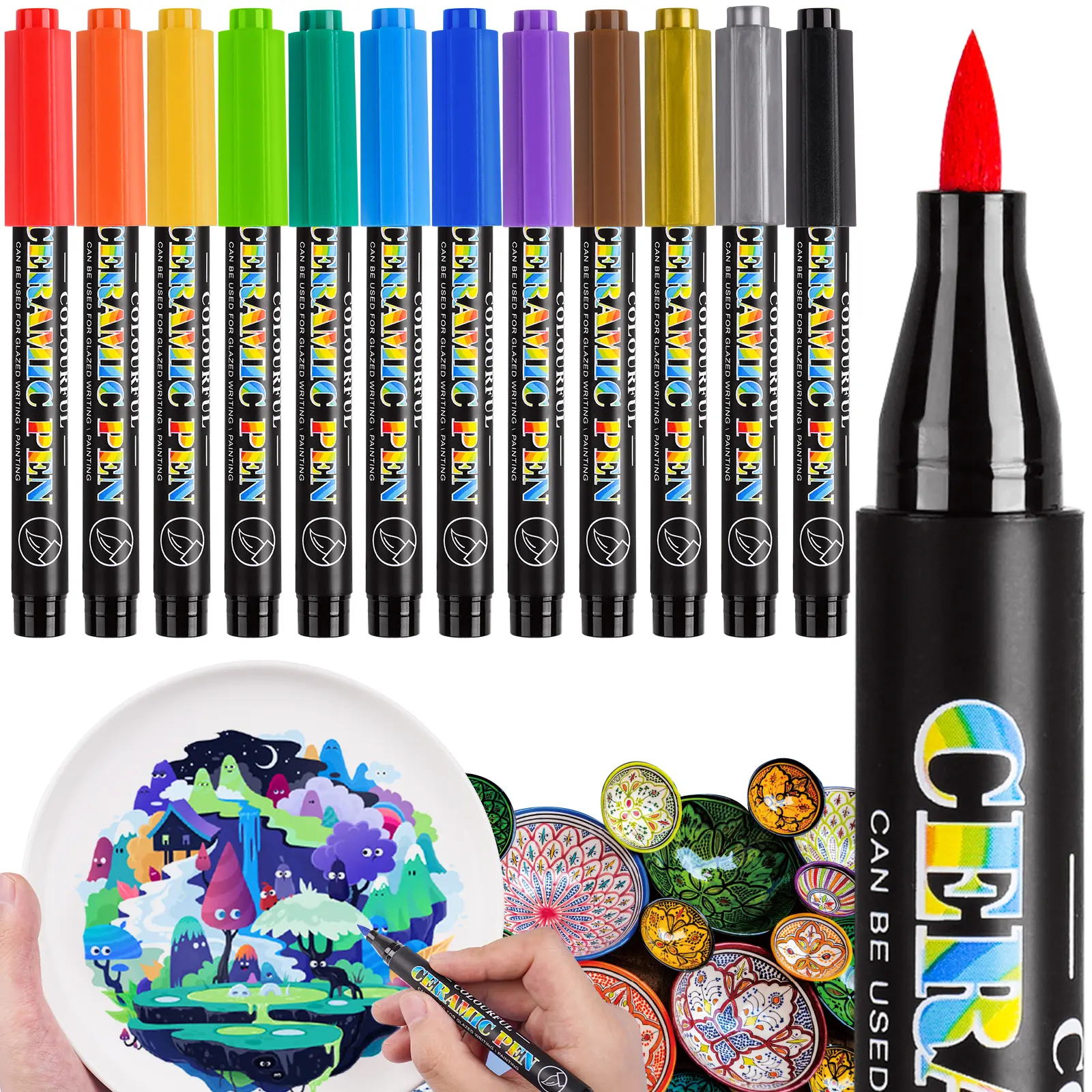 NiArt 12-Color Ceramic Markers - Fine Tip and Brush Tip Assorted Colors for Painting and Decorating Porcelain, China and Glassware - Oven and Microwave Safe, Color Kit, Multi Color Set