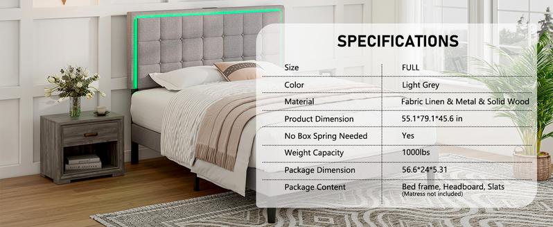 AMERLIFE Modern Bed Frame with RGB LED Lights and Linen Upholstered Headboard, Button Tufted Platform Bed Frame with USB Charging Station, Only Bed Frame/Affordable Luxury Bed Frames/Full/Queen/King Size/Best Gift Ideas/Christmas Gifts