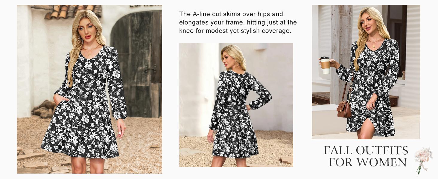 AUSELILY Women‘s Casual Tunic Dress V Neck Tiered Swing Flowy A-line Mini Short Dresses with Pockets Floral Womenswear Ruffled Dresses SpringStatements