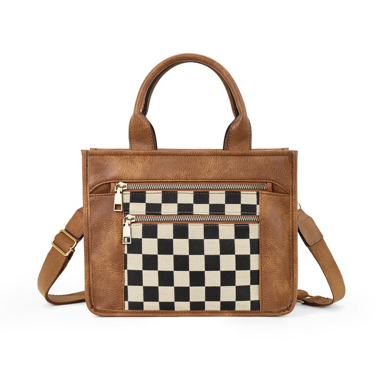 Checkered Crossbody Bag, Canvas Work Tote, Black and White Purse, Casual Tote Handbags for Work & Travel