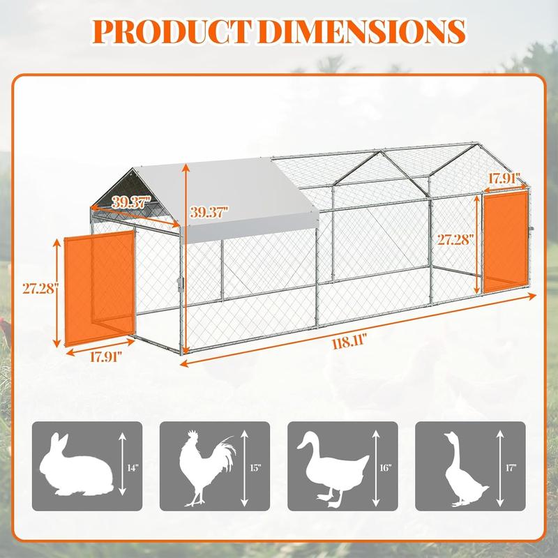 120X40x40 Inch Metal Chicken Coop, Large Walk-in Outdoor Poultry Run with Cover for Chickens Ducks Rabbits, Outdoor Coop for Yard, Silver