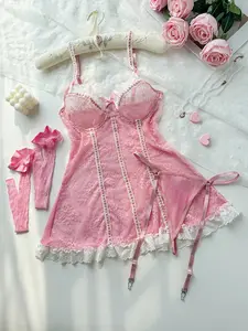 Romantic Lace Ruffle A-line Nightdress with Stockings 4-Piece Set