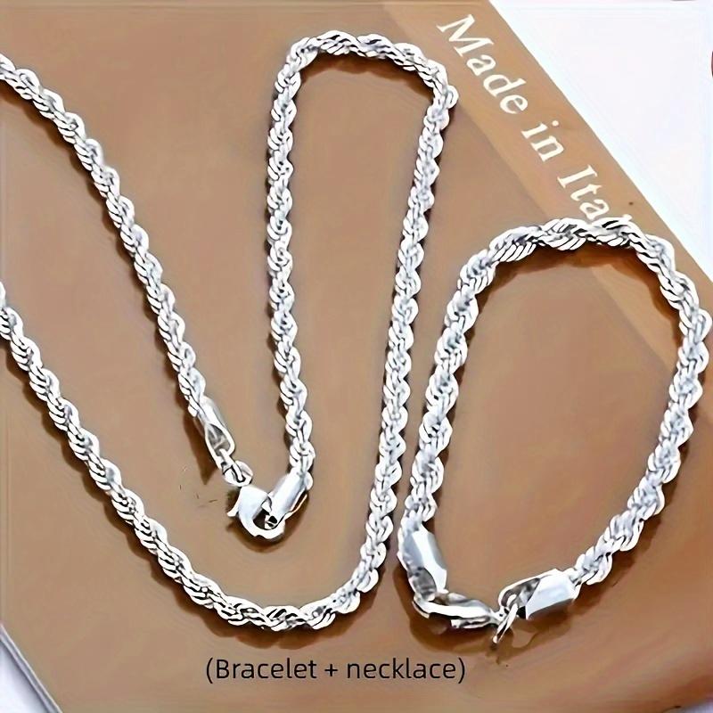 925 Sterling Silver 2pcs Twisted Rope Chain Necklace And Bracelet Set - Classic Elegant Style, Versatile for Daily Wear And Gift-Giving, No Mosaic, Plated Jewelry for Women SpringStatements