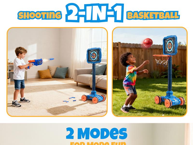 Joycat Sport Toys, 2-in-1 Shooting & Basketball Toy for Kids, Adjustable Height Auto-Moving Shooting Target with Music, Outdoor Indoor Game Compatible with Nerf Gun for Kids, Birthday Chrisrmas Gifts for Boys